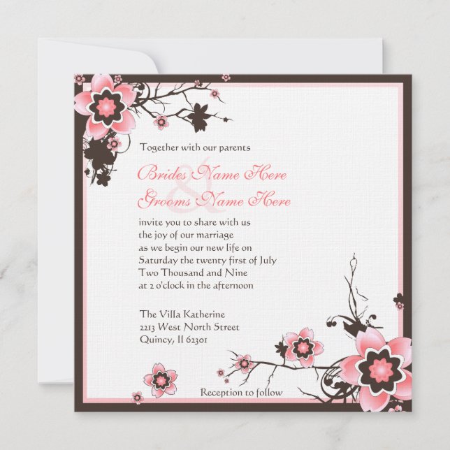Pink and Brown Cherry Blossom Wedding Invitation (Front)
