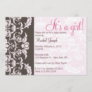 Pink and Brown Damask Baby Girl Shower Invite