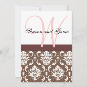 Pink and Brown Damask Monogram Wedding Invitation