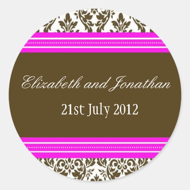 Pink and Brown Damask Wedding Sticker (Front)