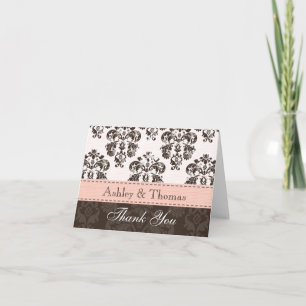 Pink and Brown Damask Wedding Thank You Note Cards