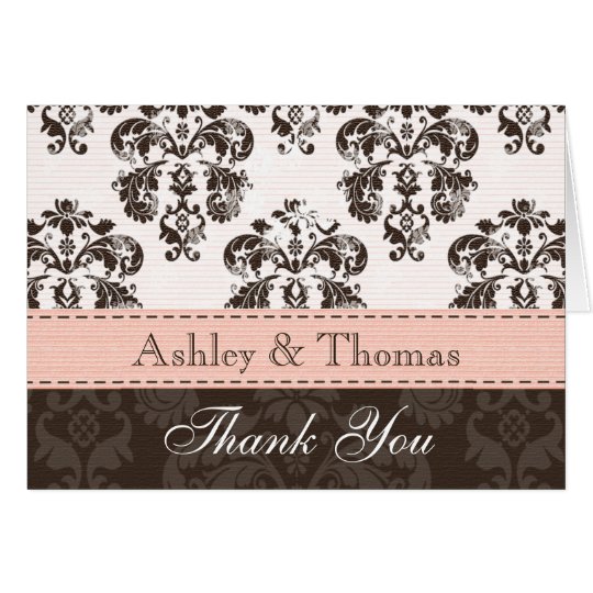 Pink and Brown Damask Wedding Thank You Note Cards
