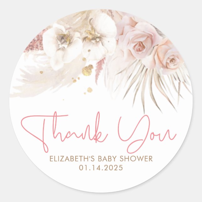 Pink and Brown Floral Exotic Baby Shower Thank You Classic Round Sticker (Front)