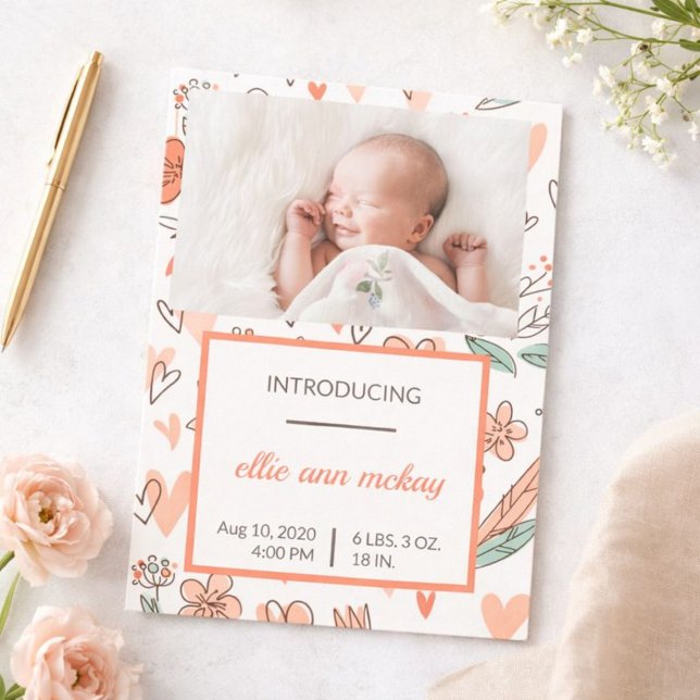 Pink and Brown Floral Heart Baby Announcement (Creator Uploaded)