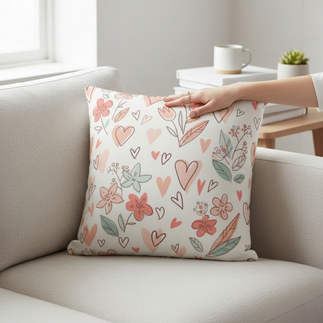 Pink and Brown Floral Heart Throw Pillow (Creator Uploaded)