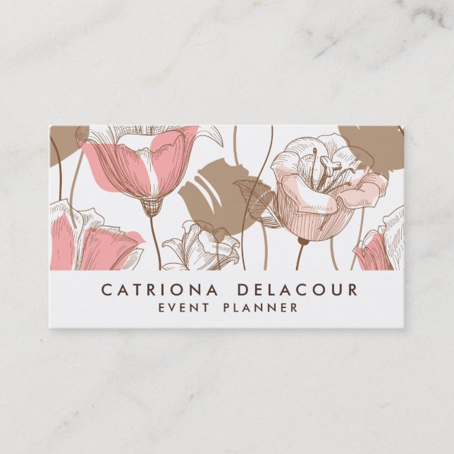 Pink and Brown Floral Illustration Business Card (Front)
