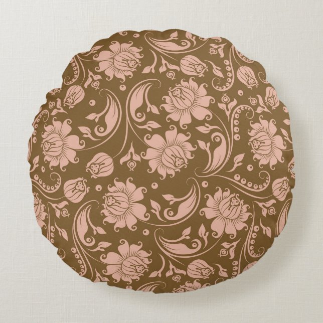 Pink and Brown Floral Pattern Round Cushion (Front)