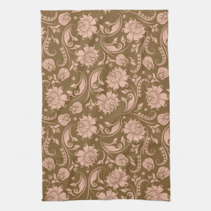 Pink and Brown Floral Pattern Tea Towel