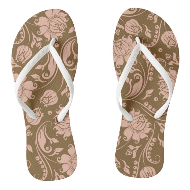 Pink and Brown Floral Pattern Thongs (Footbed)