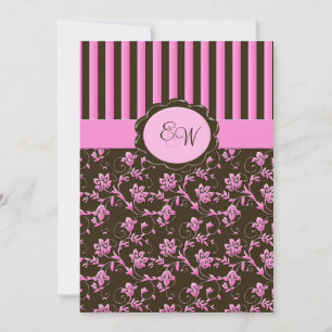 Pink and Brown Floral Stripe Monogram Invitation