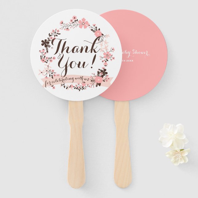 Pink and Brown Floral Wreath Thank You Fan (Front and Back)