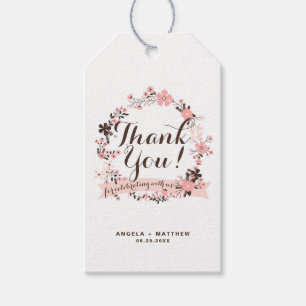 Pink and Brown Floral Wreath Wedding Thank You Gift Tags
