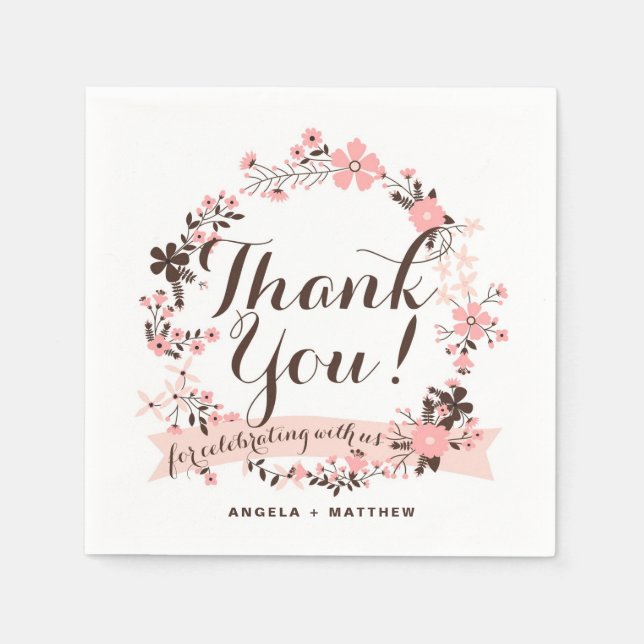 Pink and Brown Floral Wreath Wedding Thank You Napkin (Front)