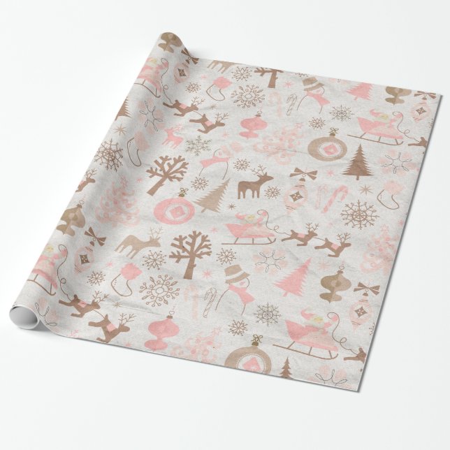 Pink and Brown Forest Christmas Wrapping Paper (Unrolled)