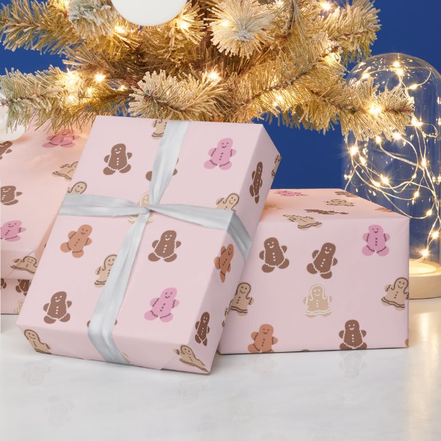 Pink and Brown Gingerbread Men Pink Christmas Wrapping Paper (Holidays)