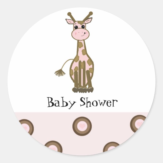 Pink and Brown Giraffe Baby Shower Classic Round Sticker (Front)