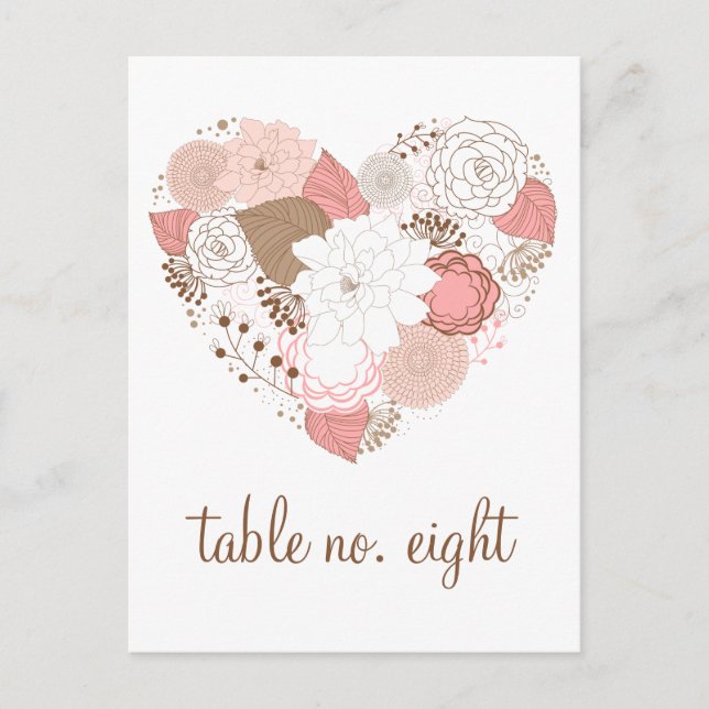 Pink and Brown Heart Flowers Table Number Postcard (Front)