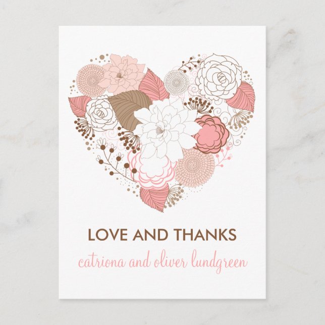 Pink and Brown Heart Flowers Thank You Postcard (Front)