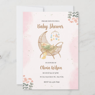 Pink and Brown Illustrative Baby Shower Invitation