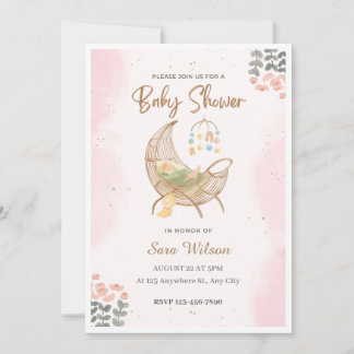 Pink and Brown Illustrative Baby Shower Invitation