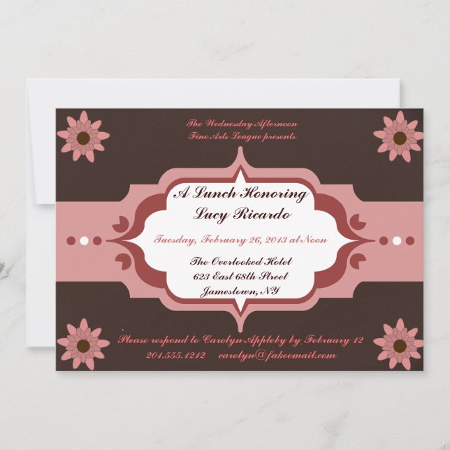 Pink and Brown Ladies' Luncheon Custom Invitations (Front)
