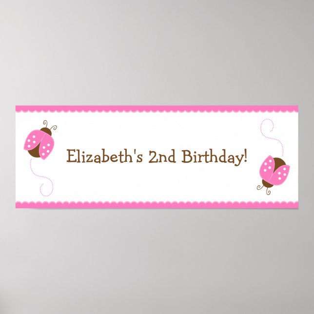 Pink and Brown Ladybug Birthday Banner Poster (Front)