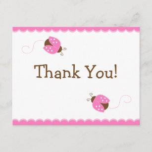 Pink and Brown Ladybug Flat Thank You Card