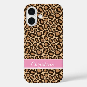 Pink and Brown Leopard Print Monogram iPhone 16 Case