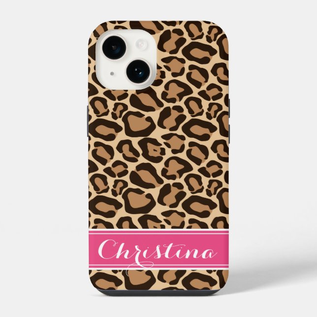 Pink and Brown Leopard Print Monogram iPhone Case (Back)