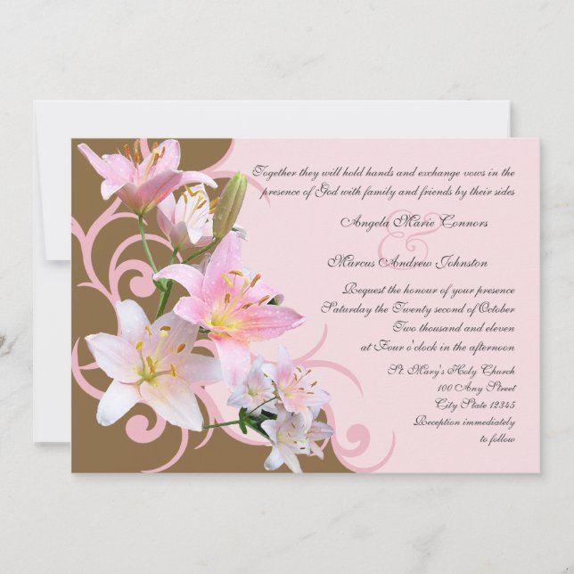 Pink and Brown Lily Wedding Invitation (Front)