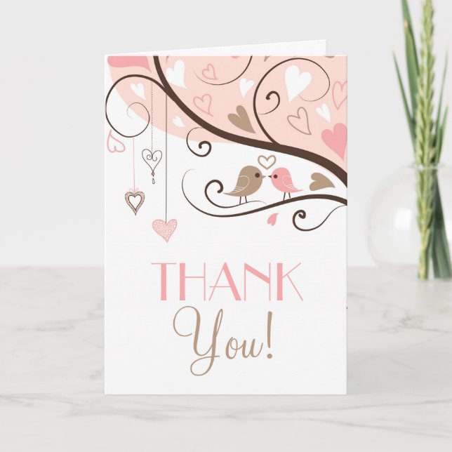 Pink and Brown Love Birds Wedding Thank You Card (Front)