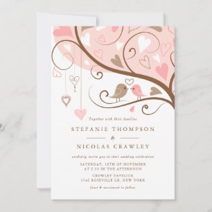 PINK AND BROWN LOVEBIRDS SPRING WEDDING INVITATION
