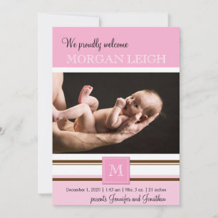 Pink and Brown Monogram Girl Baby Announcement
