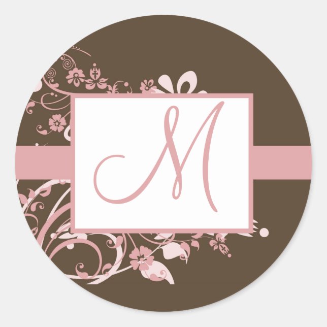 Pink and Brown Monogram Wedding Stickers (Front)