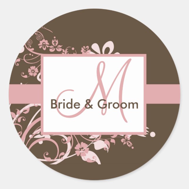 Pink and Brown Monogram Wedding Stickers (Front)