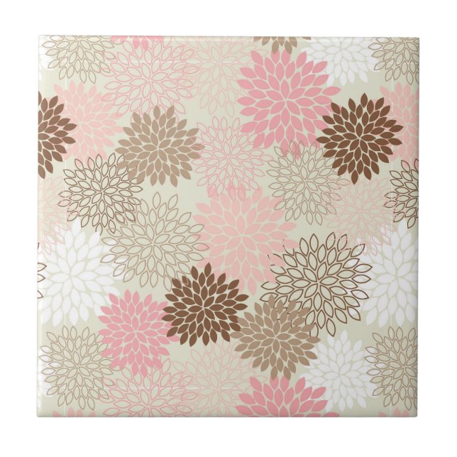 Pink And Brown Mum Pattern Ceramic Tile (Front)