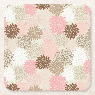 Pink And Brown Mum Pattern Square Paper Coaster