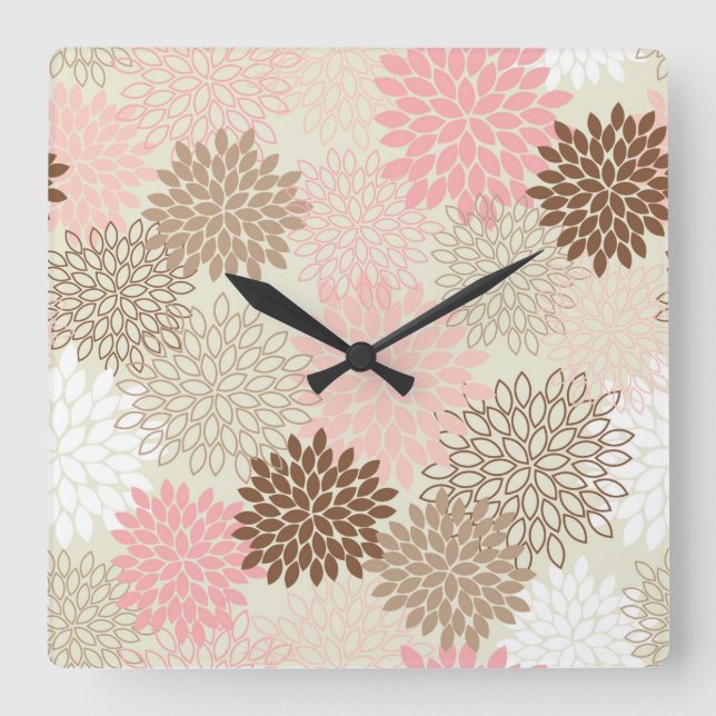 Pink And Brown Mum Pattern Square Wall Clock (Front)
