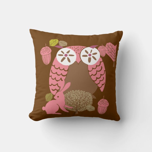 Pink and Brown Owl Pillow (Front)