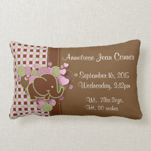 Pink and Brown Plaid with Elephant Birth Pillow