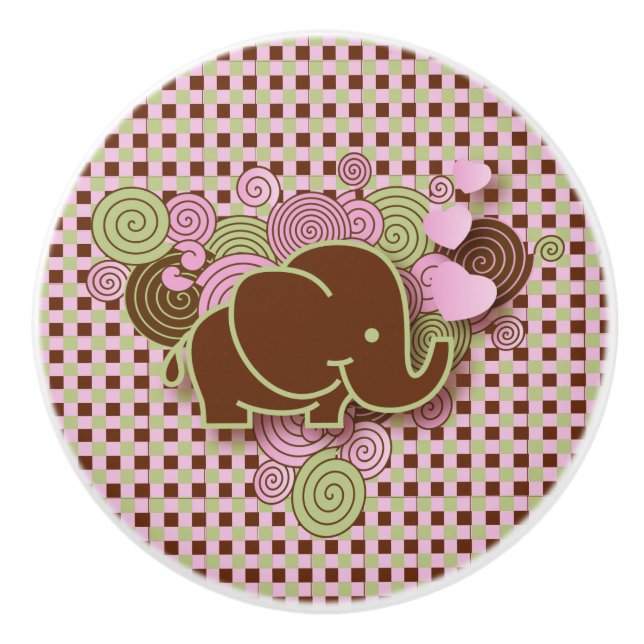 Pink and Brown Plaid with Elephant Ceramic Knob (Front)