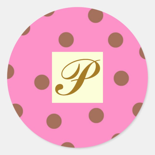 Pink and Brown Polka Dots Letter P Classic Round Sticker (Front)