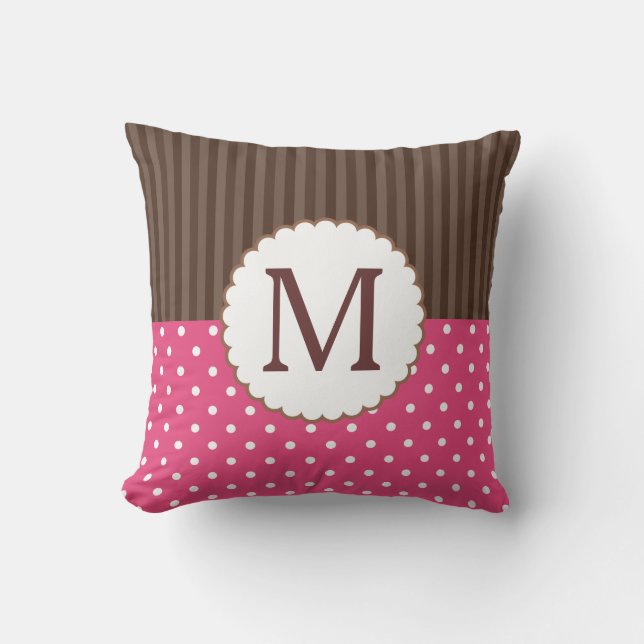 Pink And Brown Polka Dots Stripes Monogram Cushion (Front)