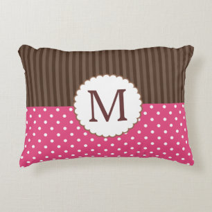 Pink And Brown Polka Dots Stripes Monogram Decorative Cushion