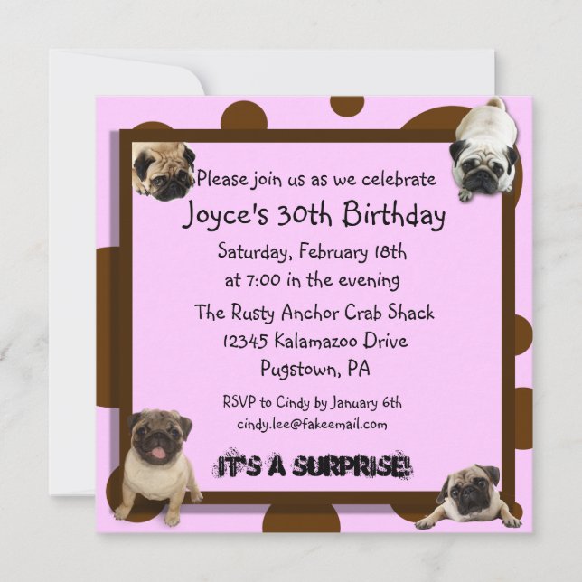 Pink and Brown Pug Invitations (Front)