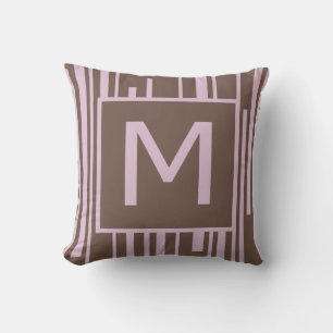 Pink and Brown Stripe Letter "M" Throw Pillow