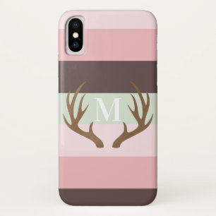 Pink and Brown Stripe Monogram Antler iPhone X Case