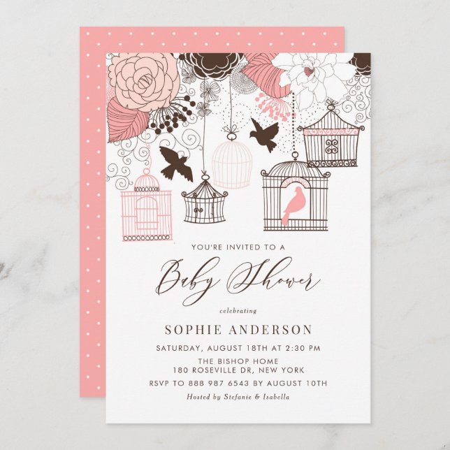 Pink and Brown Vintage Birdcages Baby Shower Invitation (Front/Back)