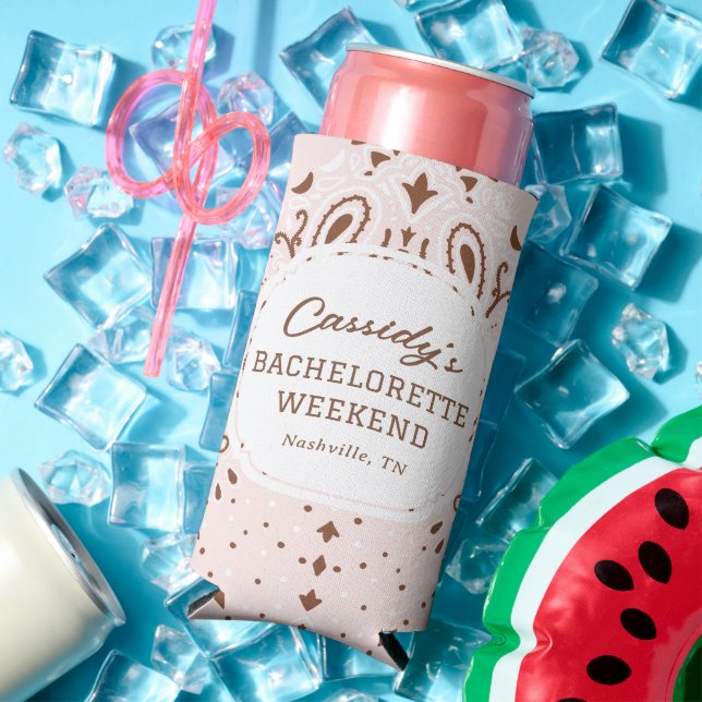 Pink and Brown Western Bachelorette Party Seltzer Can Cooler (In Situ Summer)