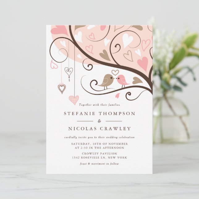 Pink and Brown Whimsical Lovebirds Wedding Invitation (Standing Front)